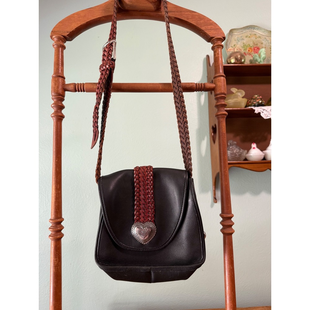 Brighton Black Leather Crossbody Bag Braided Brown Strap Silver Heart Concho